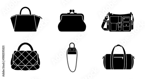 Black handbag silhouette icons set, fashion bag and purse collection vector, stylish female accessories for shopping and travel, 6 items