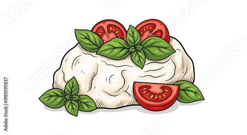 Fresh Mozzarella Cheese with Tomatoes and Basil Leaves - Italian Food Illustration
