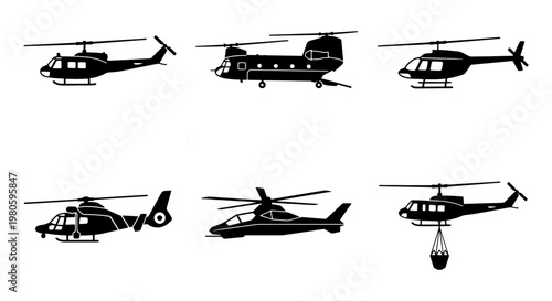 Military helicopter silhouette set, 6 black aircraft vector icons, transport and rescue chopper collection, aviation symbols for infographics