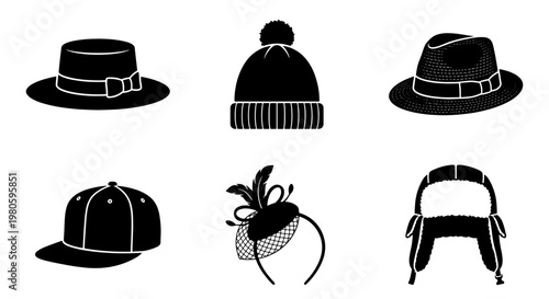 Black hat icon set with 6 vector elements, fashion headwear silhouettes including fedora and beanie, stylish headgear collection for apparel design