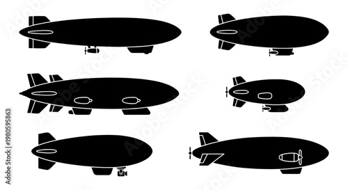 Vintage airship silhouette collection, set of 6 dirigible blimp icons, retro zeppelin transport vectors for historical aviation design