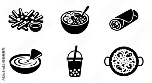 Minimalist food icon set, black and white restaurant symbols, collection of 6 vector graphics including boba tea, burrito, and paella for menu design