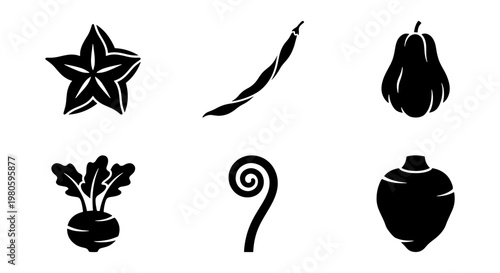Exotic tropical vegetable icons set, black silhouette organic food illustrations, 6 vector elements featuring starfruit and root vegetables
