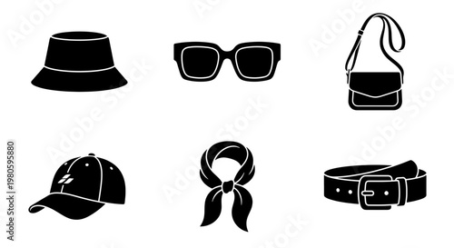Minimalist fashion accessories icon set, black silhouette clothing elements, 6 vector items including bucket hat, sunglasses, crossbody bag, and belt