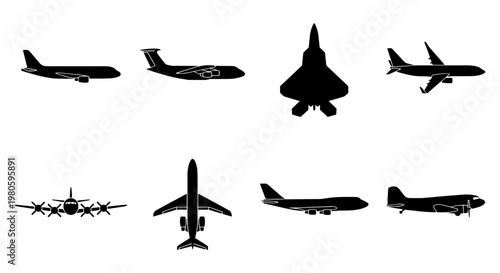 Airplane silhouettes collection, set of 8 aircraft vector icons, commercial jet and military plane shapes, aviation transport symbols for travel design