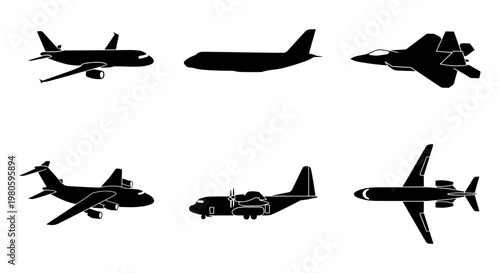 Airplane silhouette vector set, 6 black aircraft icons including commercial jet and fighter plane, aviation transport symbols for travel design