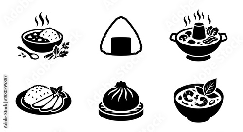 Japanese and Asian food icons set, black silhouette vector illustrations of onigiri, hot pot, curry rice, and dim sum, 6 minimalist culinary elements