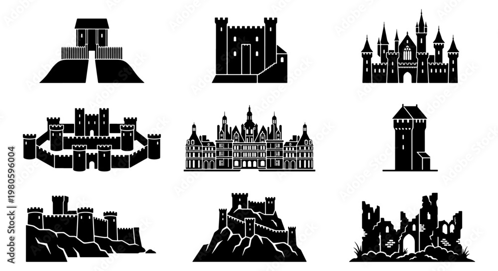 Fototapeta premium Medieval castle silhouette icons set, ancient fortress and palace vector elements, historic stone citadel and ruins collection for gaming and maps