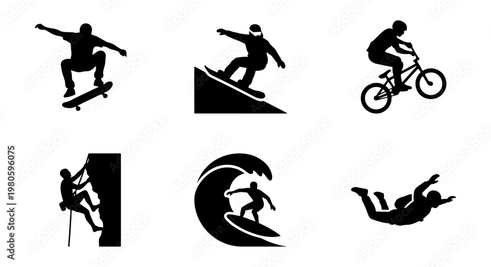 Naklejka premium Extreme sports silhouette icons set, 6 black vector elements of skateboarding and surfing, outdoor adventure activities and mountain climbing graphics
