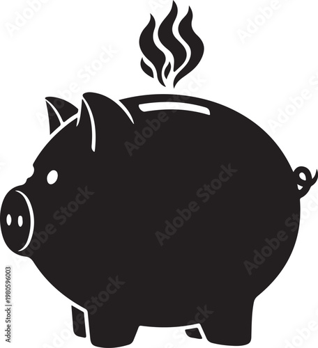 Black piggy bank with flames coming out silhouette