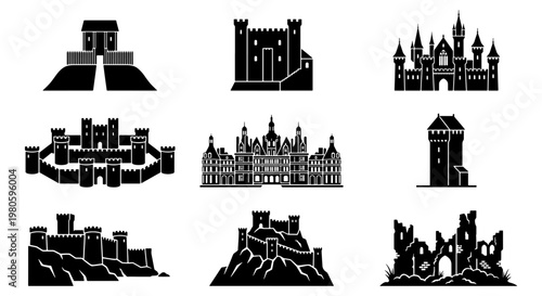 Medieval castle silhouette icons set, ancient fortress and palace vector elements, historic stone citadel and ruins collection for gaming and maps