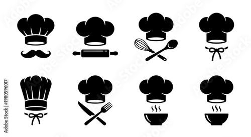 Chef hat and kitchen tool icons set, black culinary silhouettes with mustache and rolling pin, 8 restaurant logo elements for cooking branding