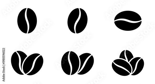 Minimalist coffee bean icons set, black roasted coffee seed silhouettes, flat vector graphic elements for cafe branding and packaging design