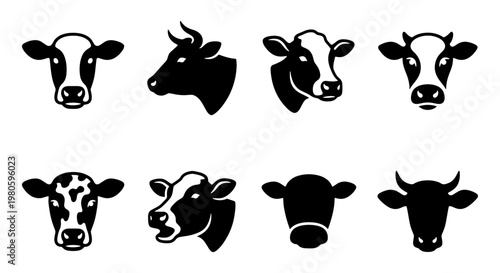 Minimalist cow head icons set, black and white cattle face silhouettes, collection of 8 bovine vector illustrations for dairy farm branding