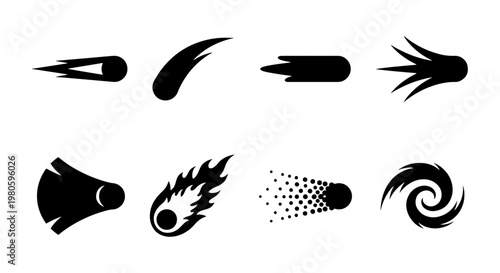 Black comet icons set, celestial meteor silhouettes with fire trails, 8 space asteroid vector elements, falling star and galaxy spiral symbols