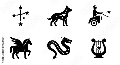 Celestial constellation icon set, black silhouette zodiac and mythological star patterns, 6 vector elements for astronomy and astrology