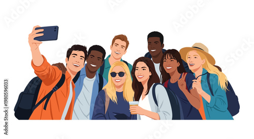 Diverse group of happy young friends taking a selfie together.