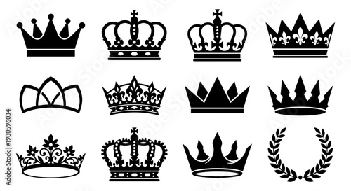 Vintage royal crown silhouettes, set of 12 heraldic king and queen coronets, black imperial headwear icons, luxury laurel wreath vector