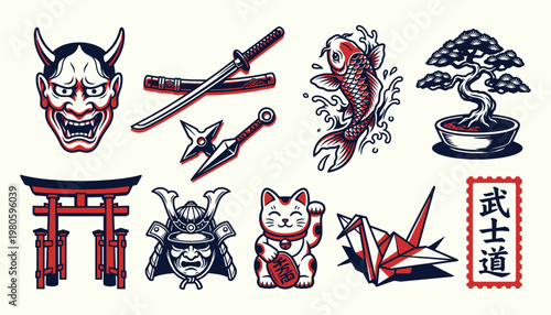 Traditional Japanese heritage icons and samurai symbols in vintage tattoo style