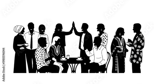 Group of diverse people socializing and interacting in a casual cafe setting.