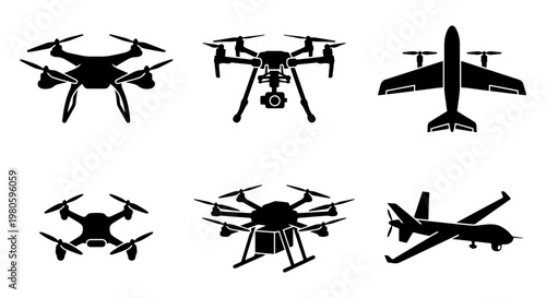 Unmanned aerial vehicle icons set, black drone silhouettes and aircraft vector elements, 6 professional uav and quadcopter symbols for logistics