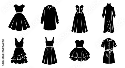 Black dress silhouette icons, set of 8 female clothing vector illustrations, elegant evening gown and casual dress silhouettes for fashion design
