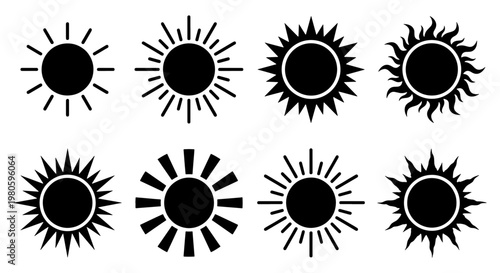 Minimalist sun icon set, collection of 8 black solar symbols, flat vector sunburst shapes for weather forecasting and summer branding