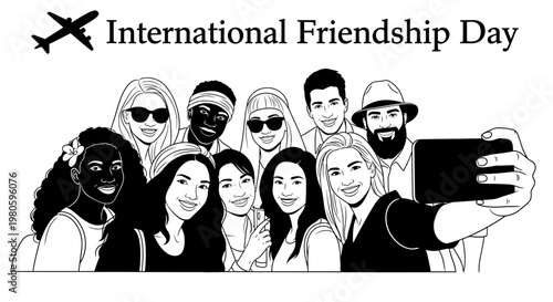 Group of diverse friends taking a selfie together for International Friendship Day.