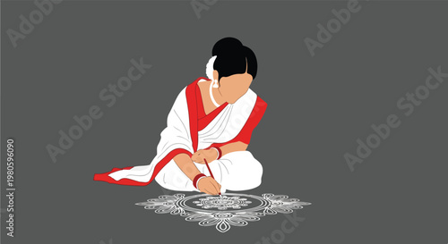 A woman in a traditional white and red saree drawing a beautiful rangoli design on the floor, depicting Indian culture and festive art.