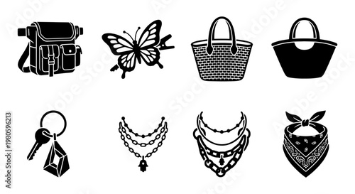 Fashion accessories icon set, black and white vector collection of 8 items including handbags, jewelry, butterfly hair clip, and bandana