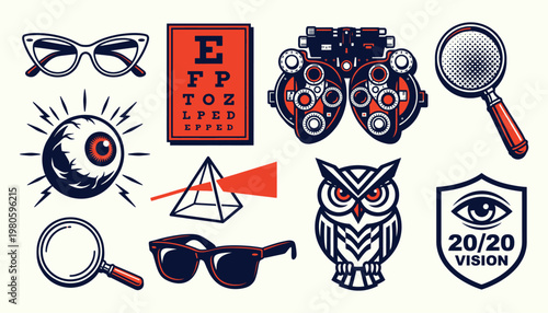 Ophthalmology and vision care vintage icon set for medical branding