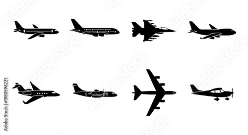 Black airplane silhouette icons set, 8 aircraft vector elements including commercial jet and fighter plane, aviation transport symbols on white background