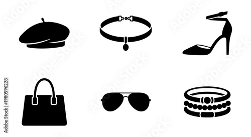 Fashion accessories icon set, black silhouette vector of beret hat, choker necklace, high heel shoe, handbag, sunglasses and bracelets, 6 elements