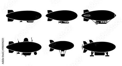 Vintage blimp silhouette collection, set of 6 airship vector icons, retro dirigible and zeppelin transport symbols, black aviation flying machines