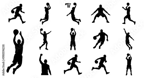 Basketball player silhouettes set, 15 athlete vector elements in action poses, professional basketball players jumping and dribbling, sports graphic collection
