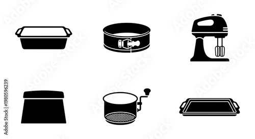 Professional baking equipment icons set, 6 black vector silhouettes of kitchen tools, stand mixer and cake pans for bakery branding and culinary design