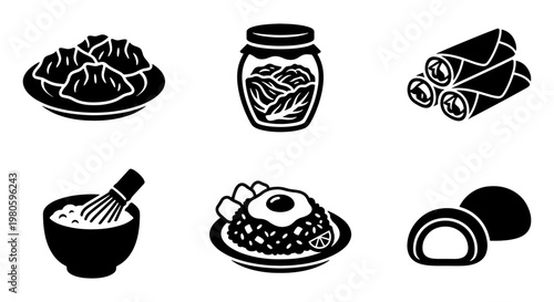 Asian food icon set, black and white vector illustrations of dim sum, kimchi jar, spring rolls, matcha tea, fried rice and mochi dessert