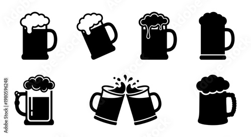 Beer mug icons set, black silhouette beer glass collection with foam, brewery and pub graphic elements, 7 vector beer symbols for menu design