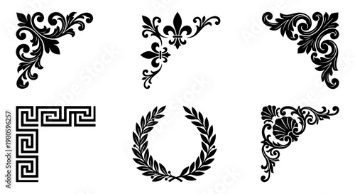 Vintage ornamental corner set with 6 vector elements, classic baroque filigree and greek key borders, elegant black floral frame accents