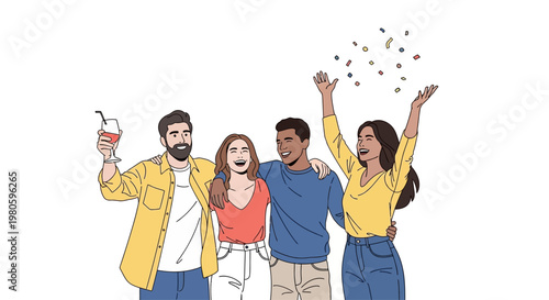 Happy group of diverse young friends celebrating together.