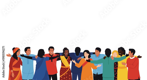 Diverse Group of People Standing Together in a Line Linked by Arms.