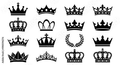 Royal crown silhouette icons set, vintage heraldic tiara and diadem collection, black king and queen headwear vector elements for luxury branding