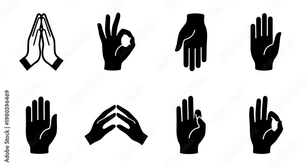 Fototapeta premium Minimalist hand gestures icon set, black silhouette mudra symbols for meditation and yoga, 8 vector hand signs for spiritual wellness and communication