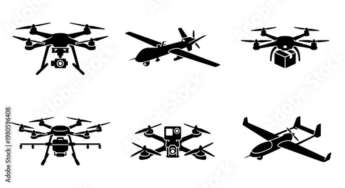 Unmanned aerial vehicle icons set, 6 black drone silhouettes for delivery and surveillance, professional quadcopter and fixed-wing aircraft vector collection