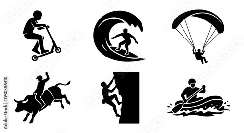 Extreme sports silhouette icons set, active lifestyle adventure vector graphics, surfing climbing and paragliding symbols, 6 black sport elements