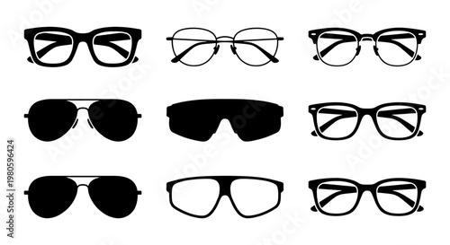 Black eyewear icons set, 9 vector glasses silhouettes, stylish sunglasses and optical frames collection for fashion design and optometry