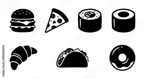 Minimalist fast food icons set, black and white restaurant vector elements, collection of 7 food symbols including burger pizza and sushi