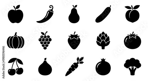 Minimalist fruit and vegetable icons, set of 15 black silhouette food symbols, organic produce vector elements for grocery and restaurant branding