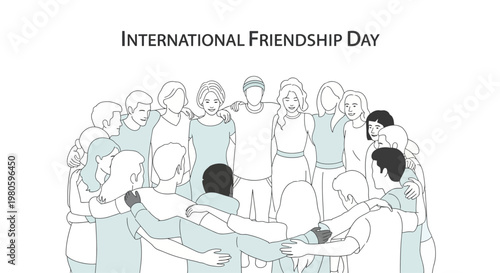 International Friendship Day group of diverse people hugging each other.
