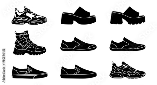 Modern footwear silhouette set, 9 black shoe icons including sneakers and boots, minimalist fashion footwear collection for web and print design